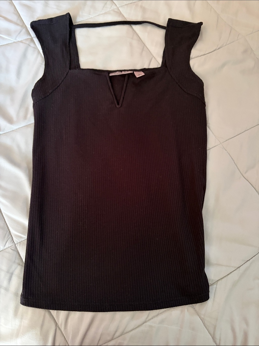 Ribbed Square Neck Tank Top with V-Notch - Black